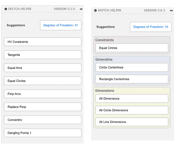 Suggestions grouped into Constraints, Generative and Dimensions in Sketch Helper